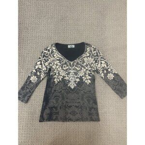 Y2K Vanilla Sugar Shirt PM Floral Rhinestone V Neck 3/4 Sleeve Cotton Blend Top